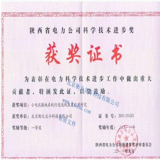 陜西省電力公司科技進(jìn)步獎證書(一等獎)